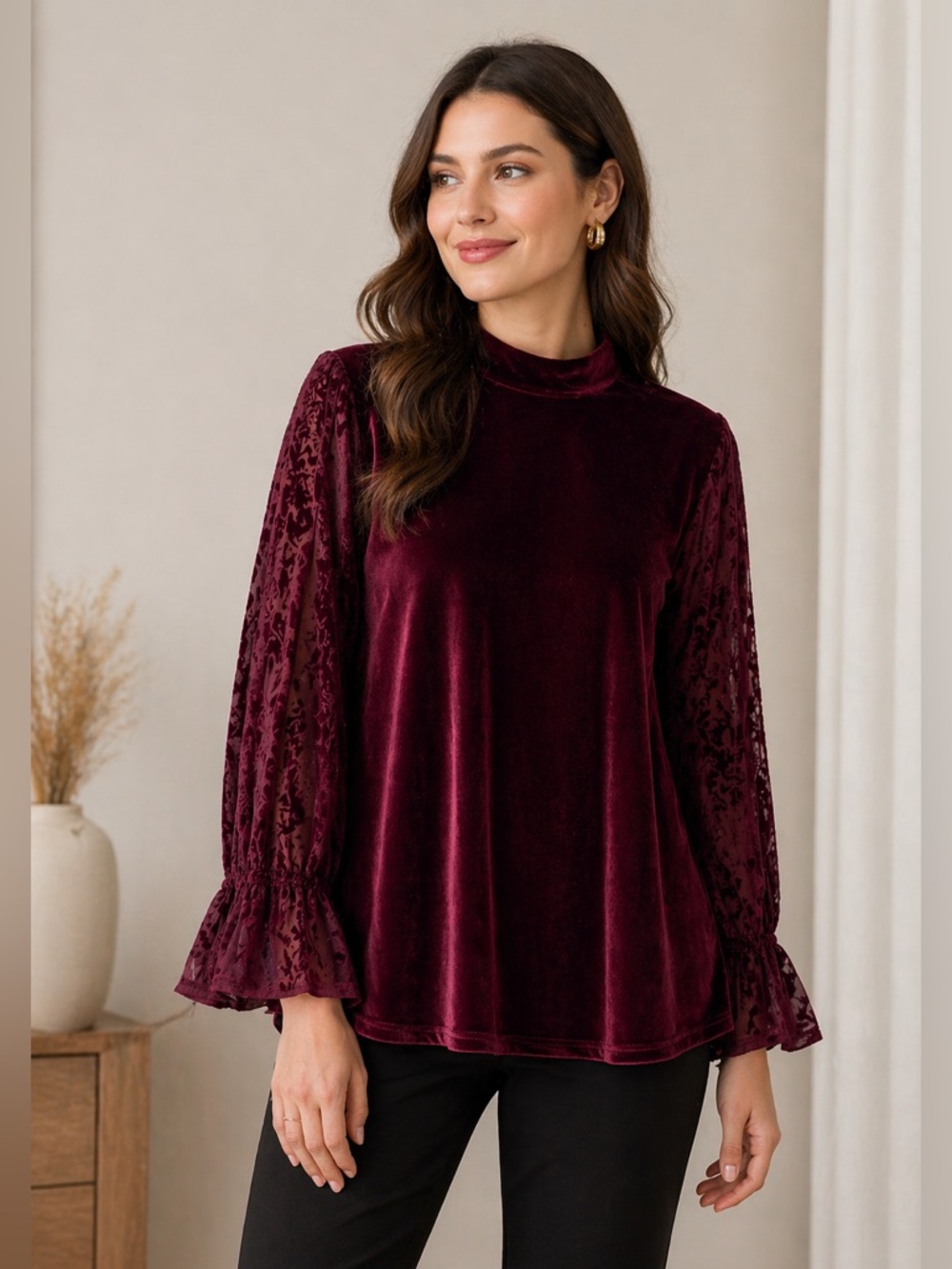 Calessa velvet mock neckline burnout sleeves blouse